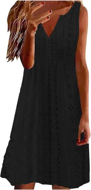 Women V Neck Sleeveless Sundresses Simple Solid Color Knee Length Dresses Casual Fashion Beach Dress