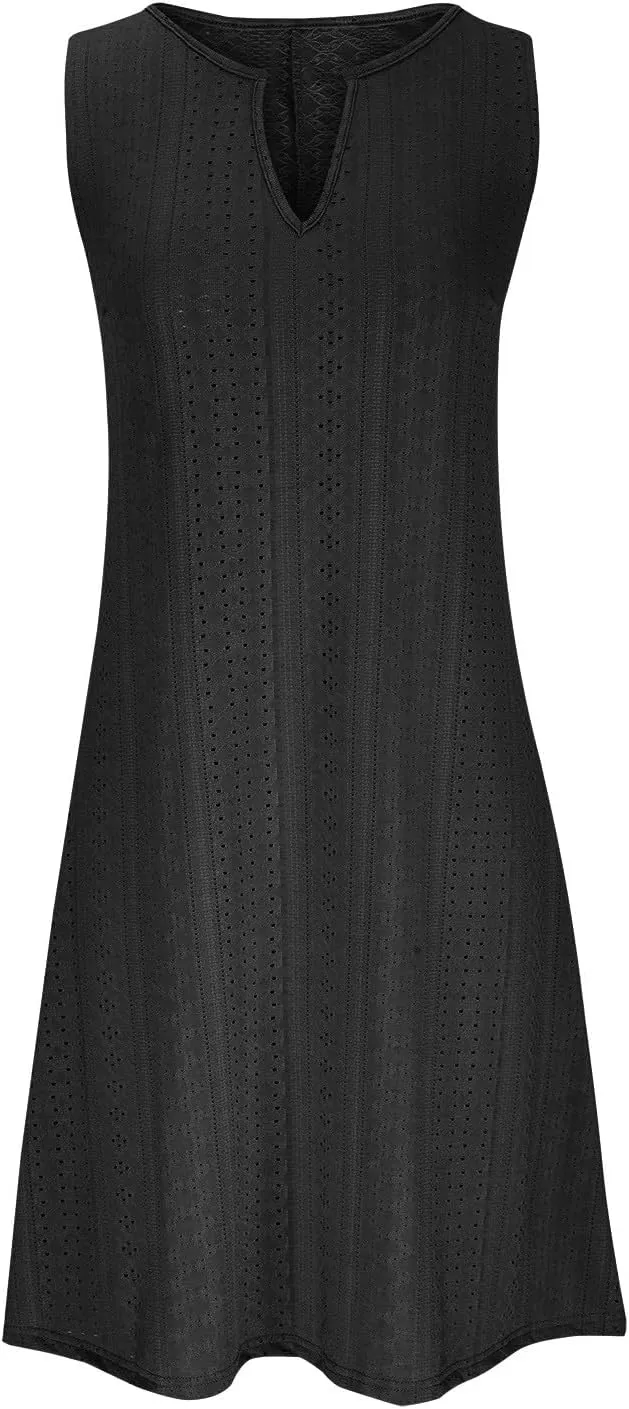 Women V Neck Sleeveless Sundresses Simple Solid Color Knee Length Dresses Casual Fashion Beach Dress