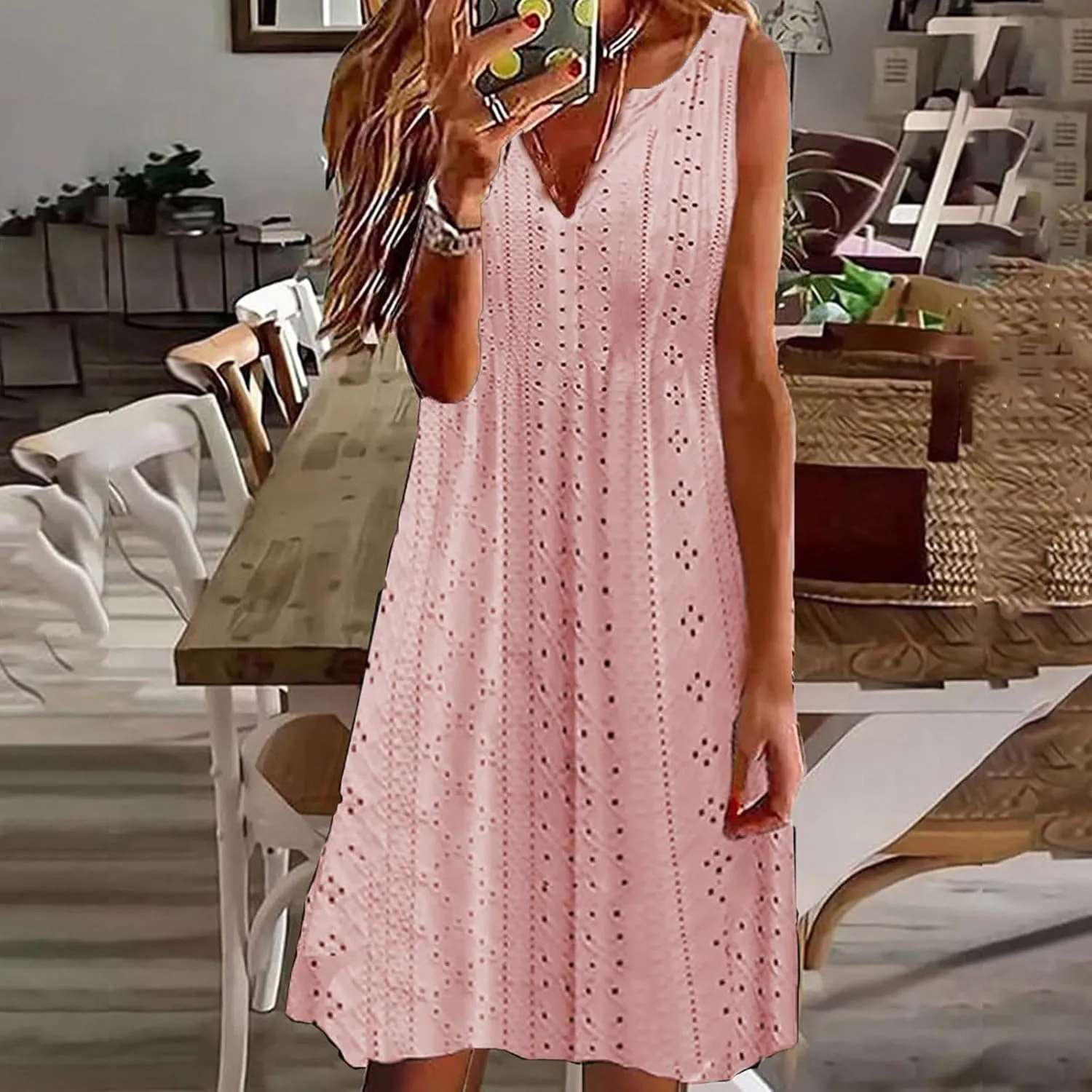 Women V Neck Sleeveless Sundresses Simple Solid Color Knee Length Dresses Casual Fashion Beach Dress