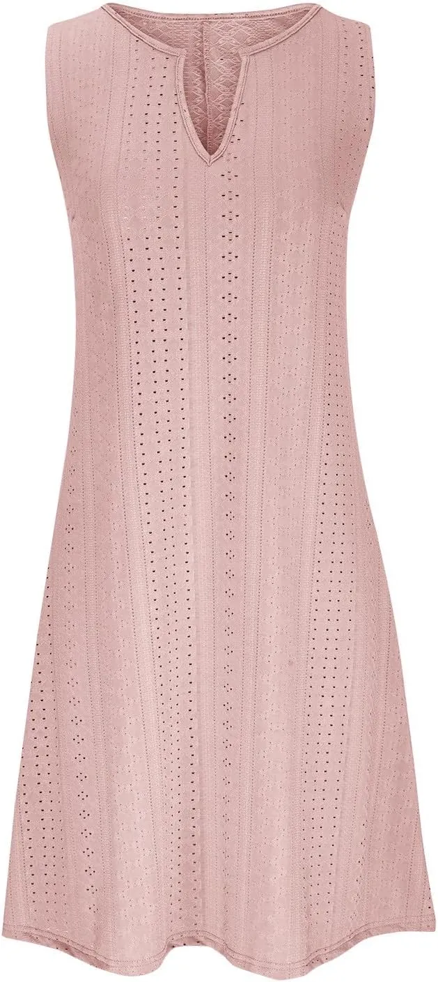 Women V Neck Sleeveless Sundresses Simple Solid Color Knee Length Dresses Casual Fashion Beach Dress
