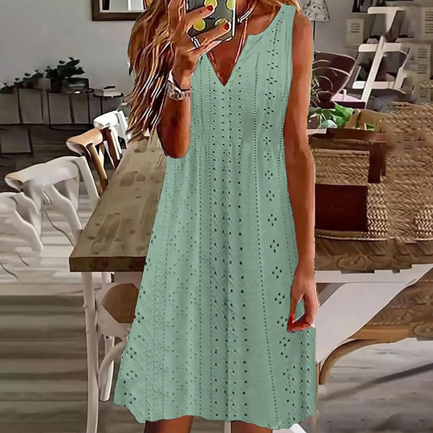 Women V Neck Sleeveless Sundresses Simple Solid Color Knee Length Dresses Casual Fashion Beach Dress