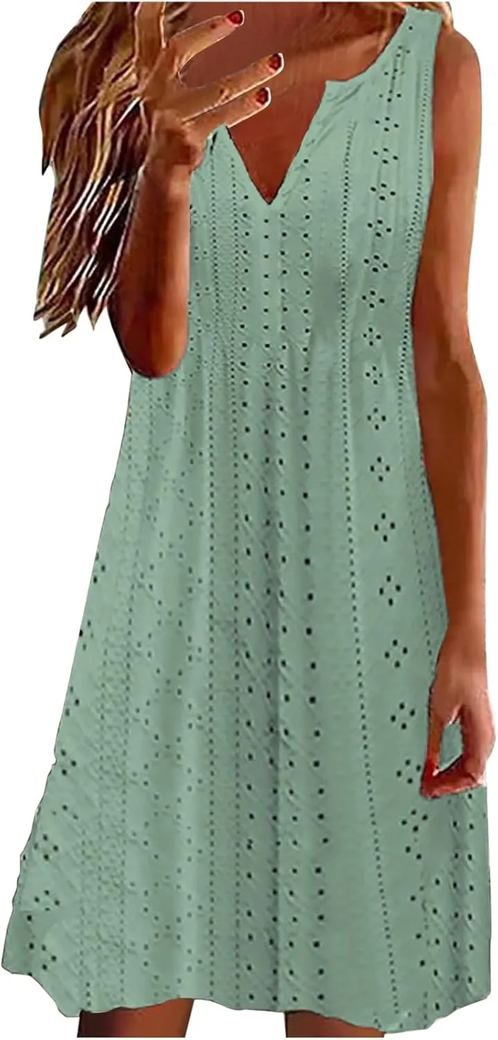 Women V Neck Sleeveless Sundresses Simple Solid Color Knee Length Dresses Casual Fashion Beach Dress