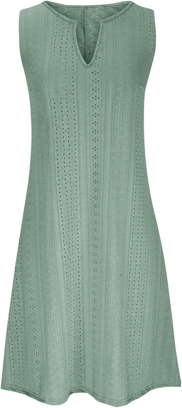 Women V Neck Sleeveless Sundresses Simple Solid Color Knee Length Dresses Casual Fashion Beach Dress