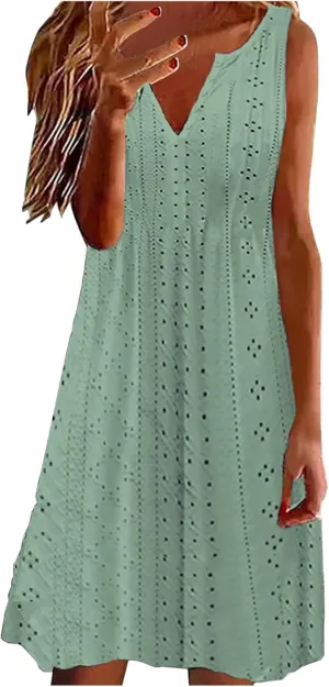 Women V Neck Sleeveless Sundresses Simple Solid Color Knee Length Dresses Casual Fashion Beach Dress