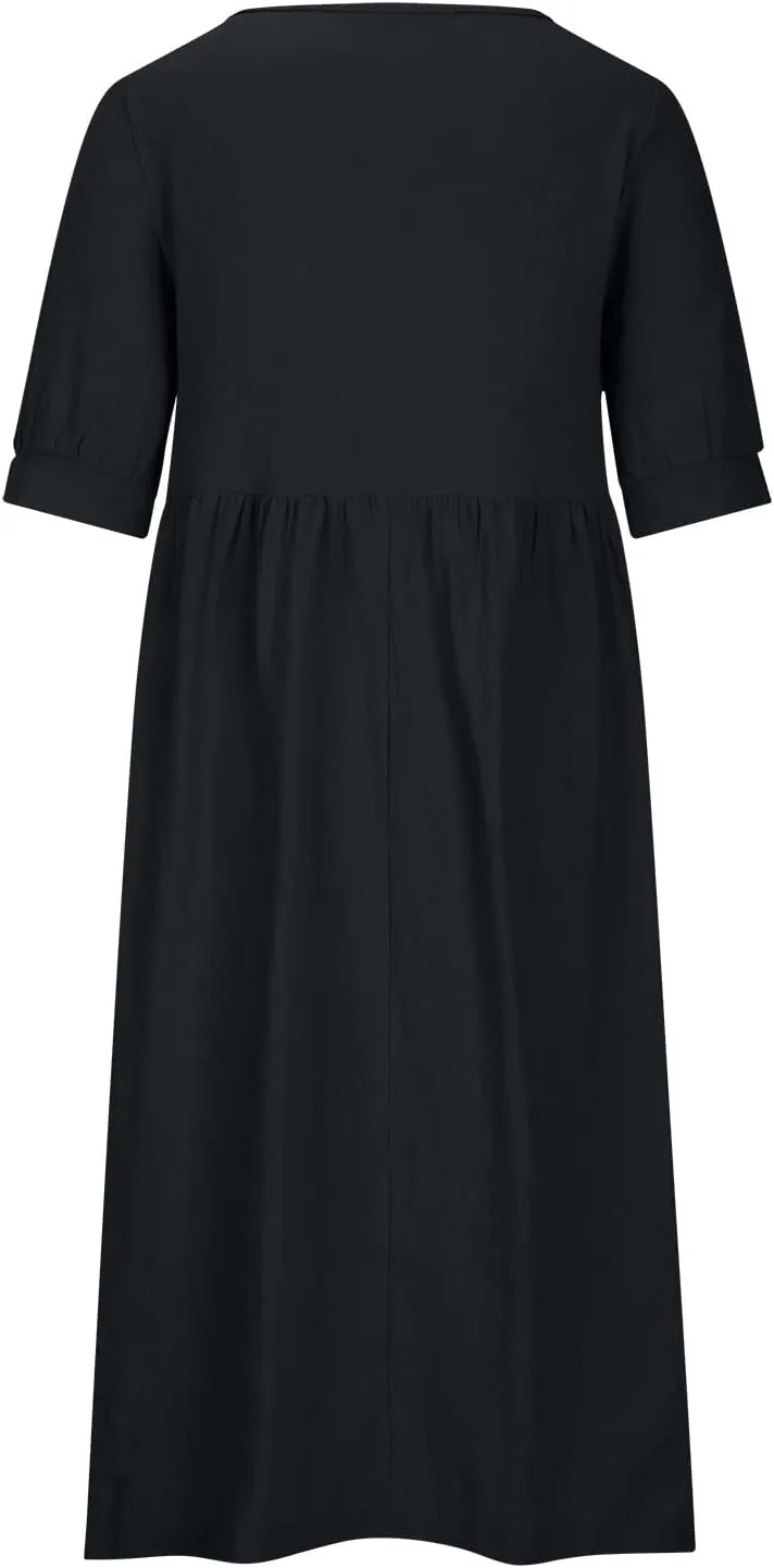 Women's Cotton Linen Dress Puff Short Sleeve Crew Neck Summer Casual Loose Fit Simple Swing Midi Dresses