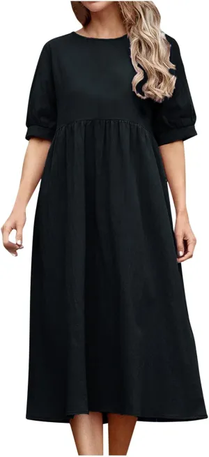 Women's Cotton Linen Dress Puff Short Sleeve Crew Neck Summer Casual Loose Fit Simple Swing Midi Dresses