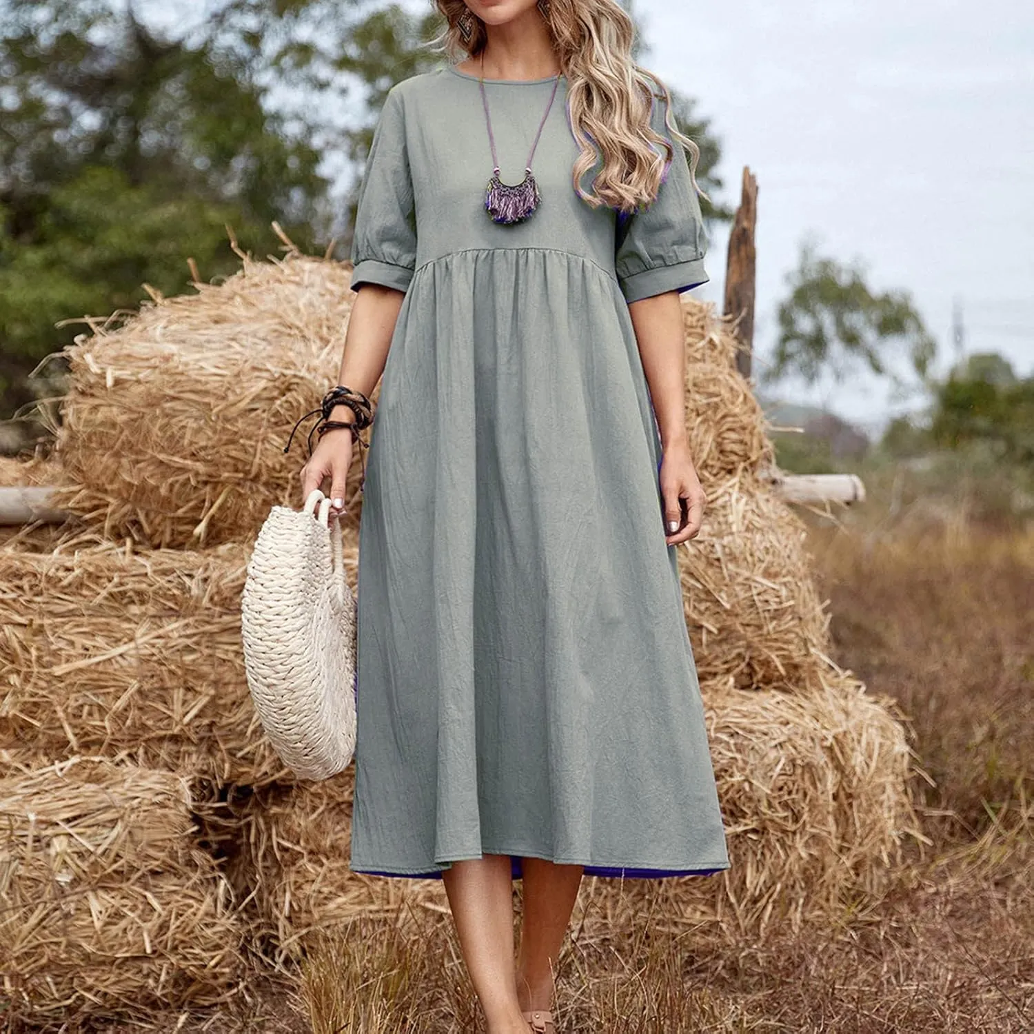 Women's Cotton Linen Dress Puff Short Sleeve Crew Neck Summer Casual Loose Fit Simple Swing Midi Dresses