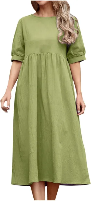Women's Cotton Linen Dress Puff Short Sleeve Crew Neck Summer Casual Loose Fit Simple Swing Midi Dresses