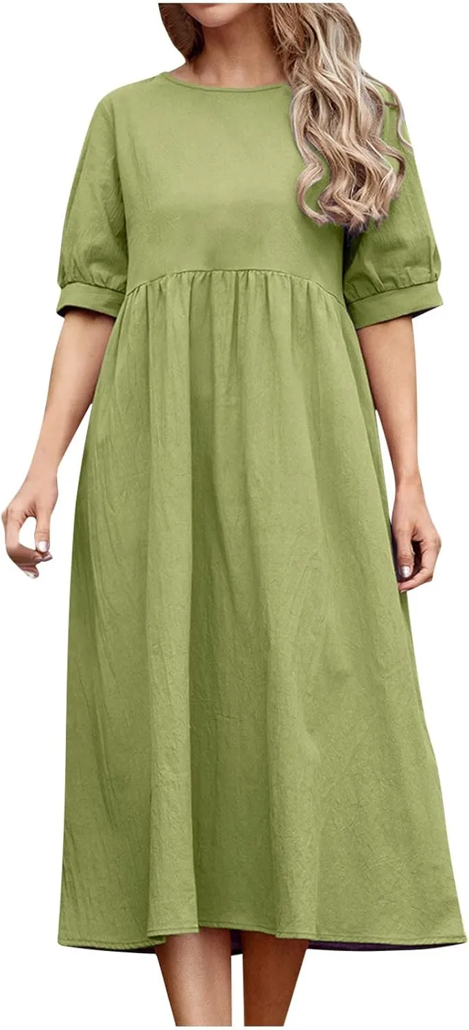 Women's Cotton Linen Dress Puff Short Sleeve Crew Neck Summer Casual Loose Fit Simple Swing Midi Dresses