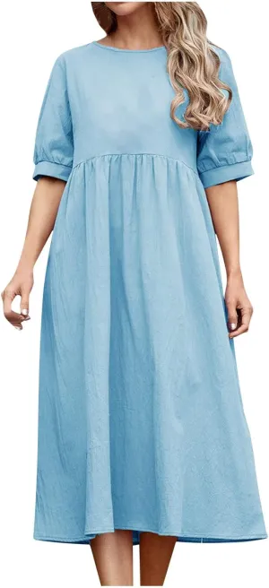 Women's Cotton Linen Dress Puff Short Sleeve Crew Neck Summer Casual Loose Fit Simple Swing Midi Dresses