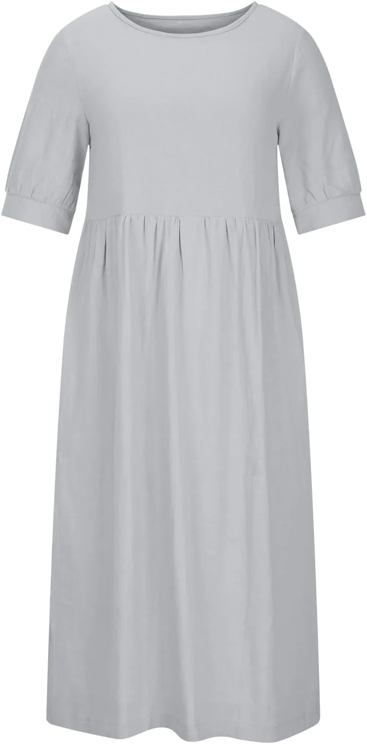 Women's Cotton Linen Dress Puff Short Sleeve Crew Neck Summer Casual Loose Fit Simple Swing Midi Dresses