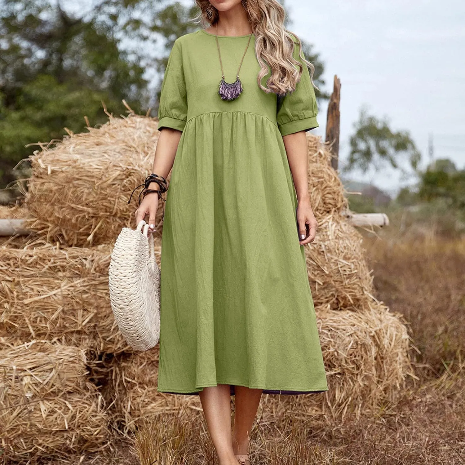Women's Cotton Linen Dress Puff Short Sleeve Crew Neck Summer Casual Loose Fit Simple Swing Midi Dresses