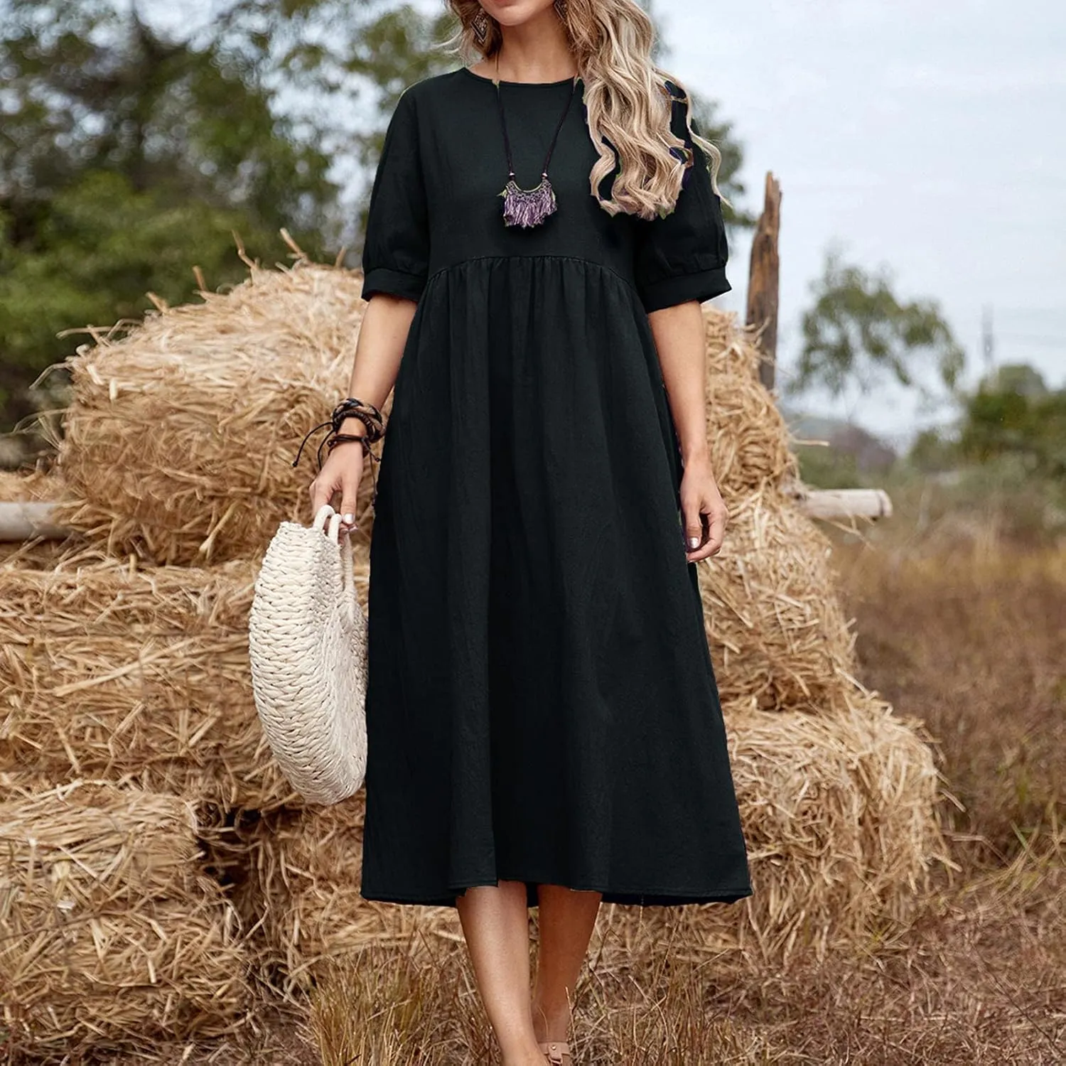 Women's Cotton Linen Dress Puff Short Sleeve Crew Neck Summer Casual Loose Fit Simple Swing Midi Dresses