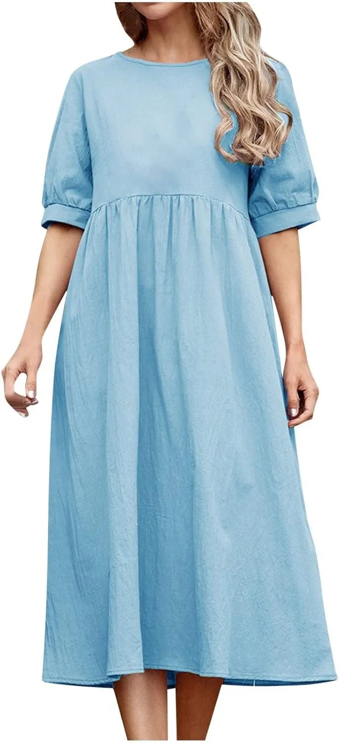 Women's Cotton Linen Dress Puff Short Sleeve Crew Neck Summer Casual Loose Fit Simple Swing Midi Dresses