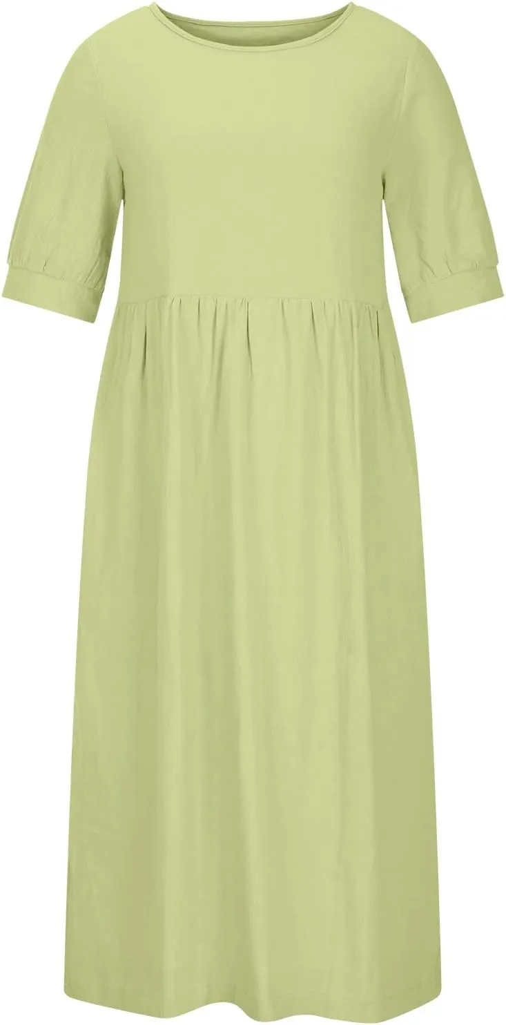 Women's Cotton Linen Dress Puff Short Sleeve Crew Neck Summer Casual Loose Fit Simple Swing Midi Dresses
