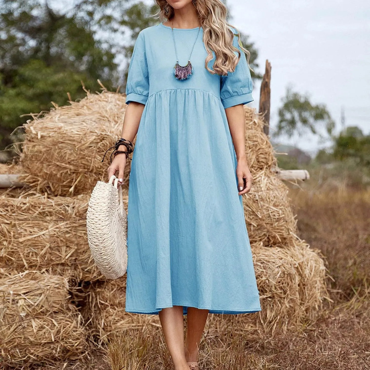 Women's Cotton Linen Dress Puff Short Sleeve Crew Neck Summer Casual Loose Fit Simple Swing Midi Dresses
