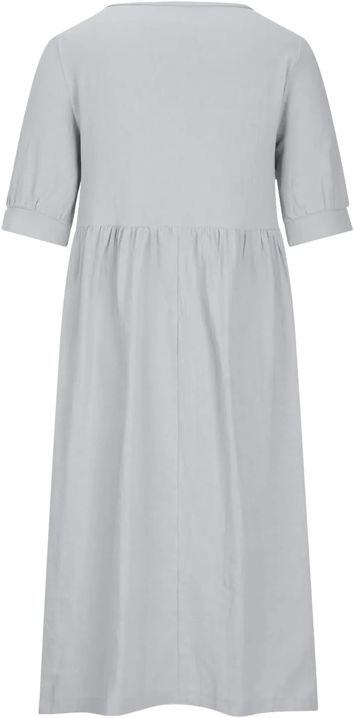 Women's Cotton Linen Dress Puff Short Sleeve Crew Neck Summer Casual Loose Fit Simple Swing Midi Dresses