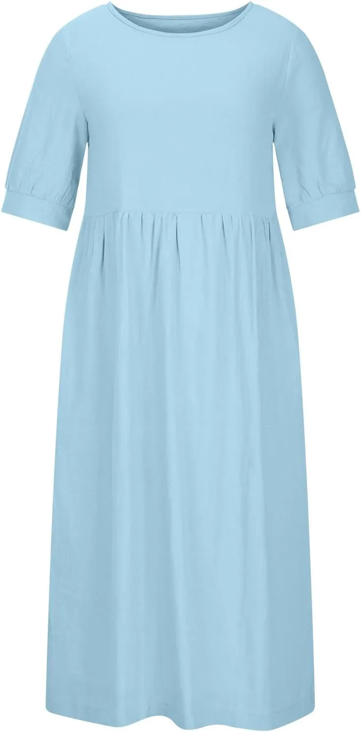 Women's Cotton Linen Dress Puff Short Sleeve Crew Neck Summer Casual Loose Fit Simple Swing Midi Dresses