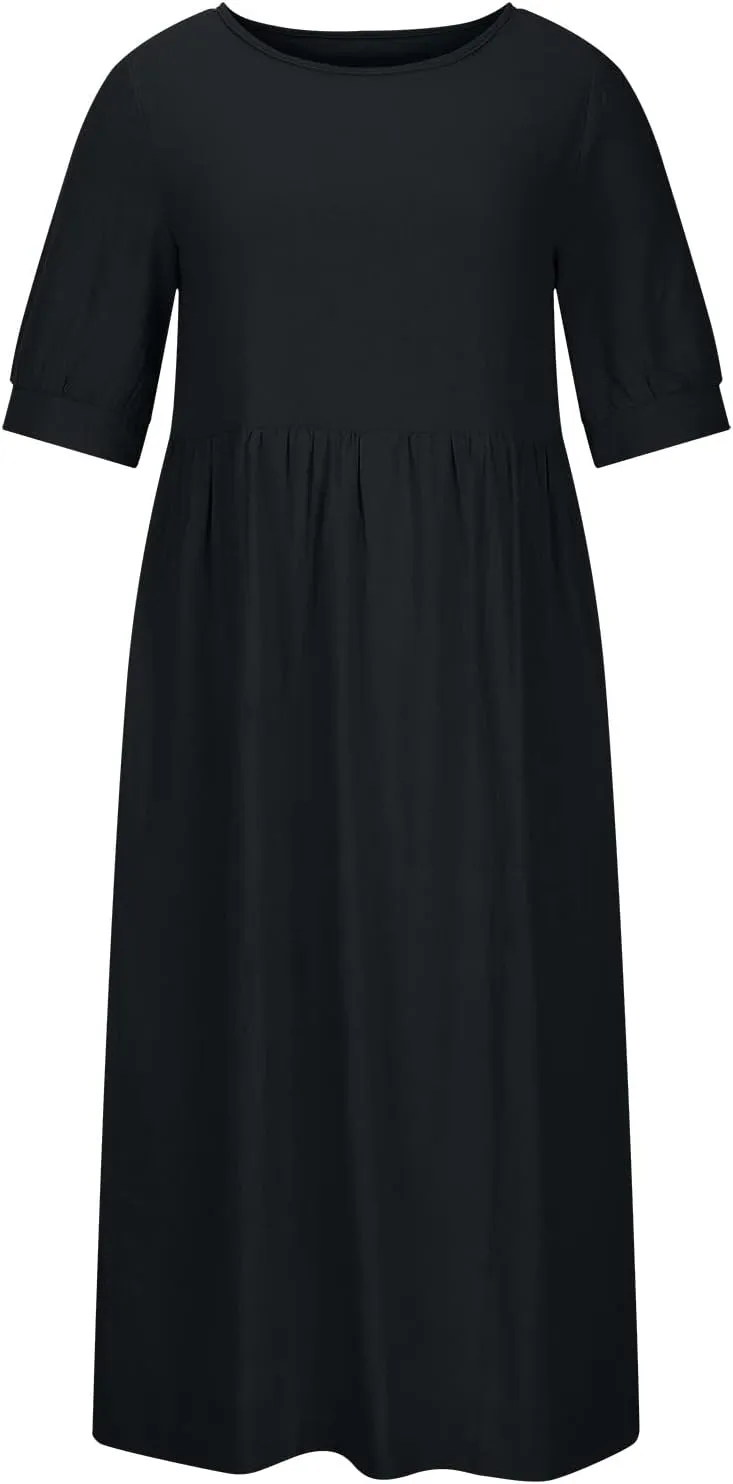 Women's Cotton Linen Dress Puff Short Sleeve Crew Neck Summer Casual Loose Fit Simple Swing Midi Dresses