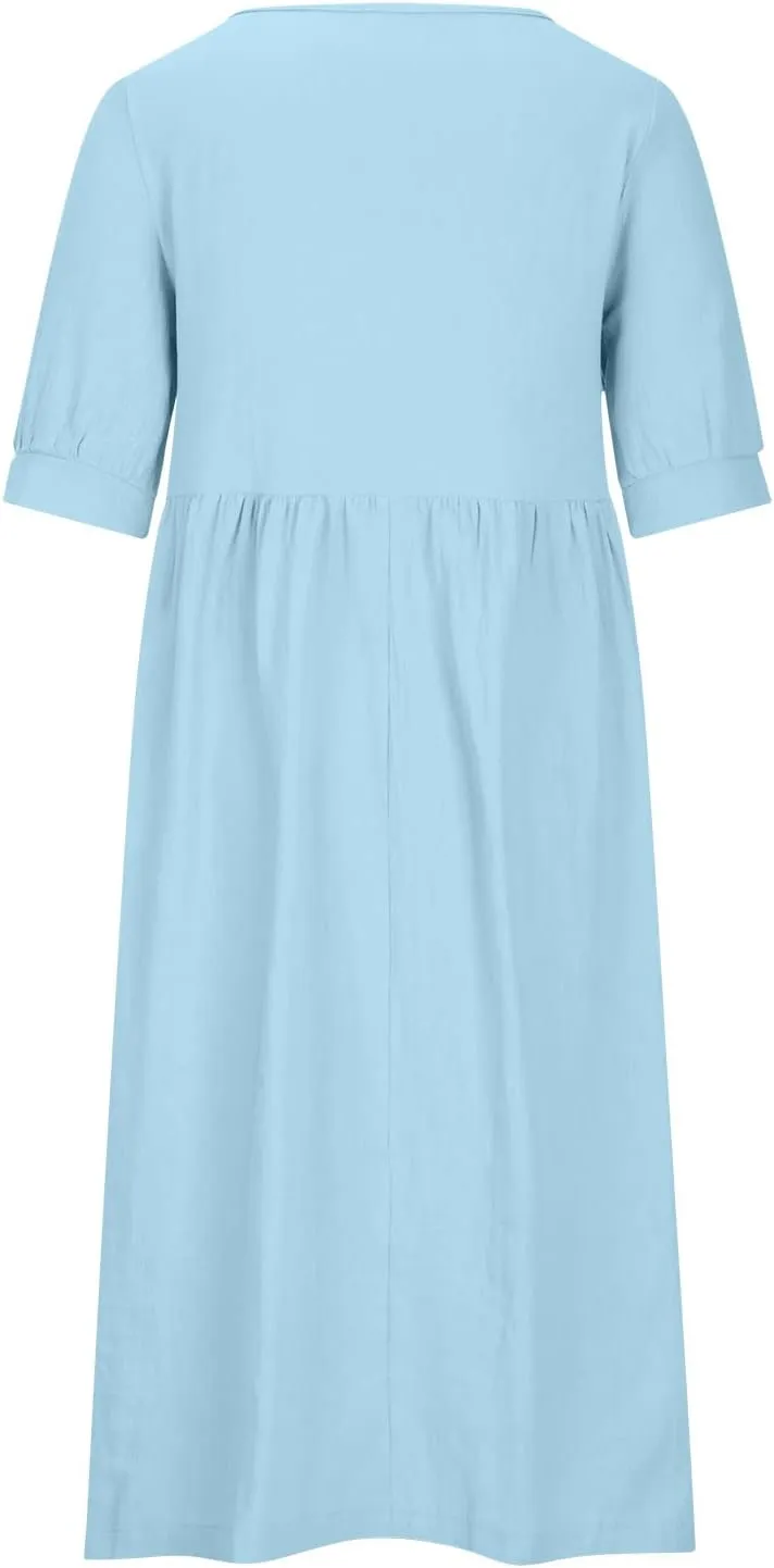 Women's Cotton Linen Dress Puff Short Sleeve Crew Neck Summer Casual Loose Fit Simple Swing Midi Dresses