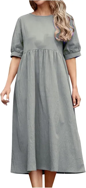 Women's Cotton Linen Dress Puff Short Sleeve Crew Neck Summer Casual Loose Fit Simple Swing Midi Dresses