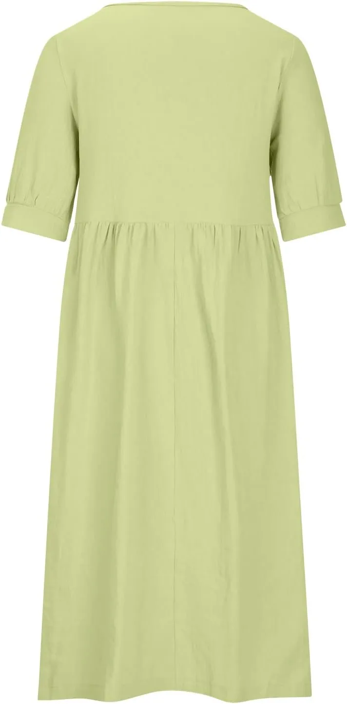 Women's Cotton Linen Dress Puff Short Sleeve Crew Neck Summer Casual Loose Fit Simple Swing Midi Dresses