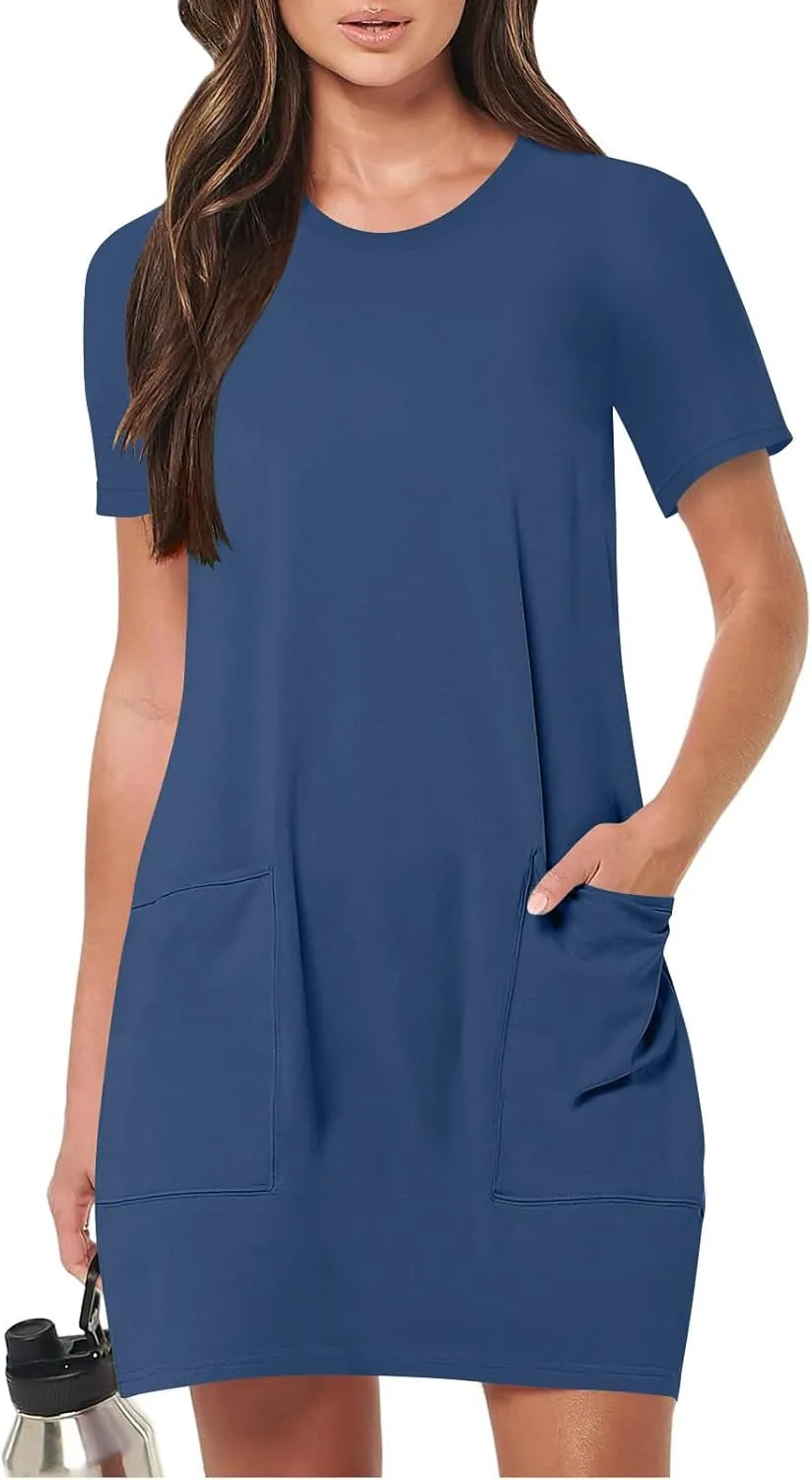 Womens Crewneck Summer Casual Sundress Simple Solid Color T Shirt Dress Comfy Loose Fit Beach Dress with Pockets