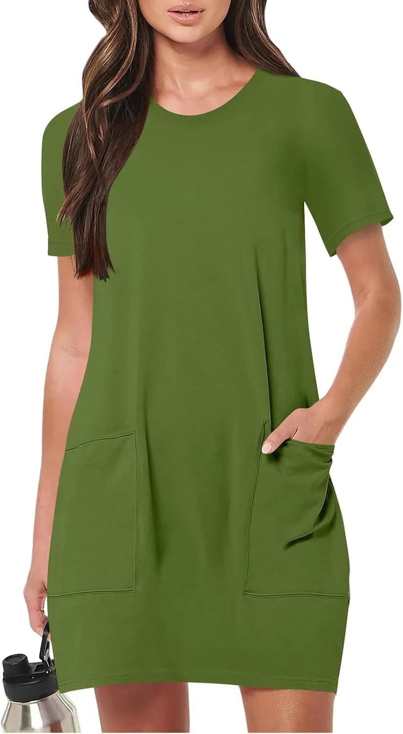 Womens Crewneck Summer Casual Sundress Simple Solid Color T Shirt Dress Comfy Loose Fit Beach Dress with Pockets