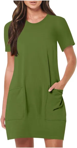 Womens Crewneck Summer Casual Sundress Simple Solid Color T Shirt Dress Comfy Loose Fit Beach Dress with Pockets