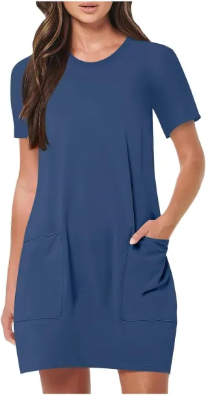 Womens Crewneck Summer Casual Sundress Simple Solid Color T Shirt Dress Comfy Loose Fit Beach Dress with Pockets