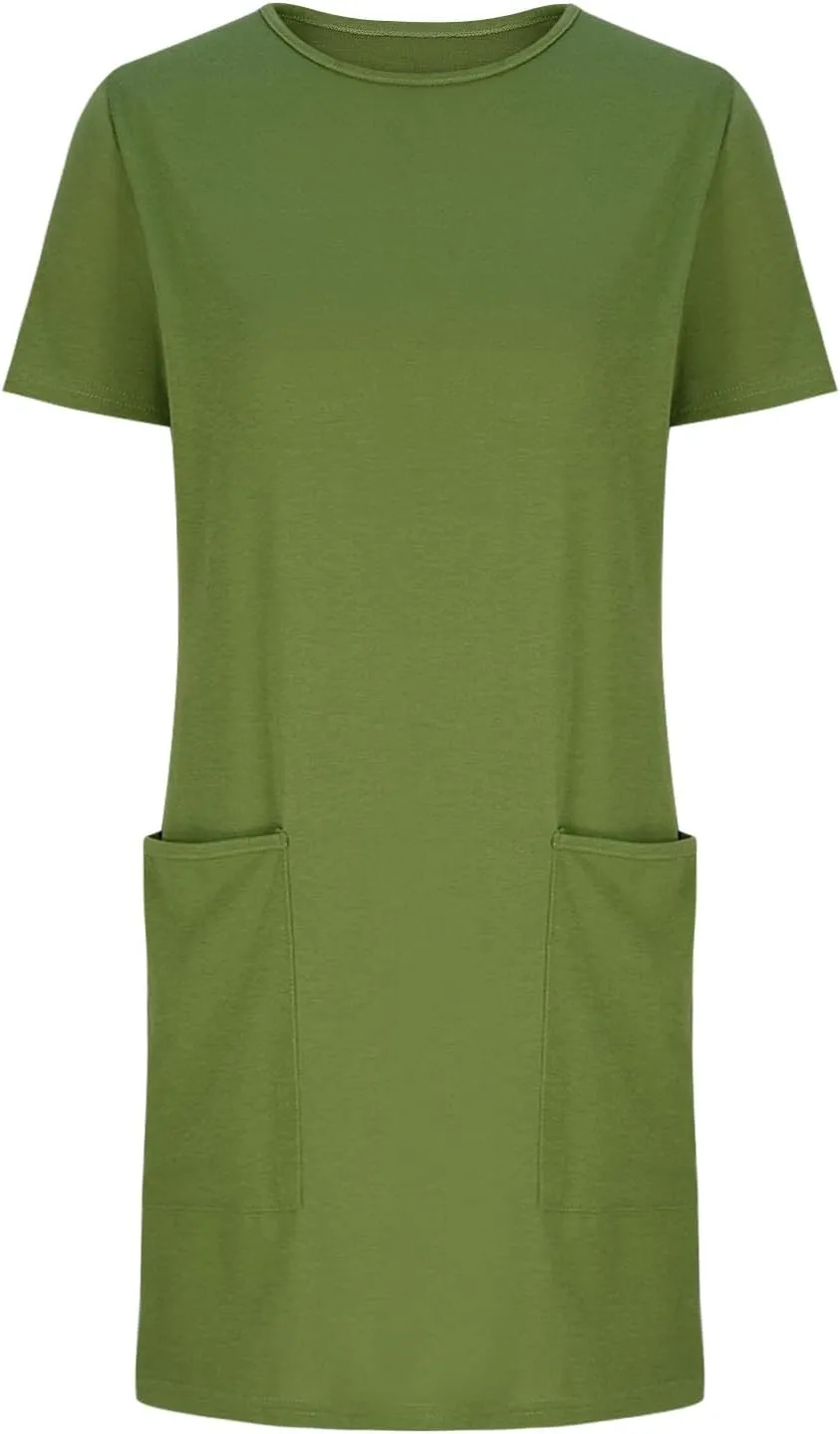 Womens Crewneck Summer Casual Sundress Simple Solid Color T Shirt Dress Comfy Loose Fit Beach Dress with Pockets