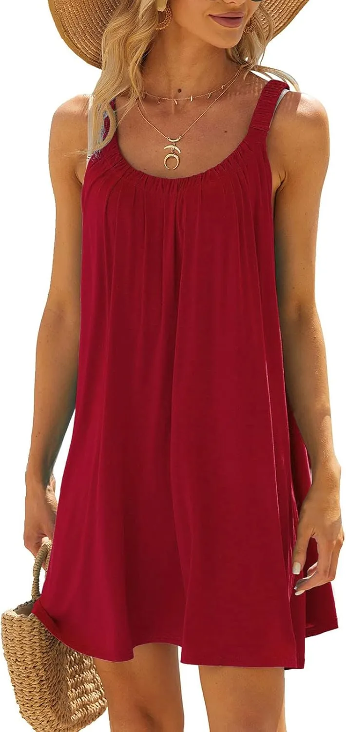 Womens Dresses Simple Solid Color Flared Sundresses Spaghetti Strap Casual Vacation Short Dresses