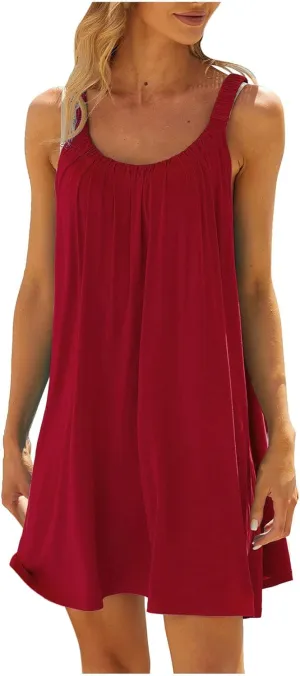 Womens Dresses Simple Solid Color Flared Sundresses Spaghetti Strap Casual Vacation Short Dresses
