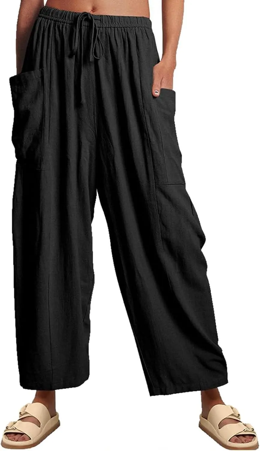 Womens Linen Wide Leg Pants Casual Loose Drawstring Low Waist Beach Palazzo Harem Pants with Pockets