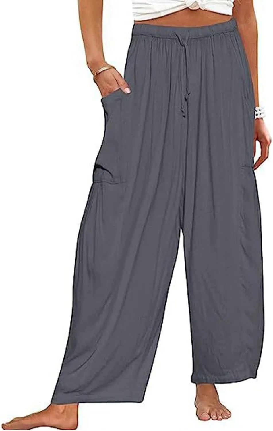Womens Linen Wide Leg Pants Casual Loose Drawstring Low Waist Beach Palazzo Harem Pants with Pockets
