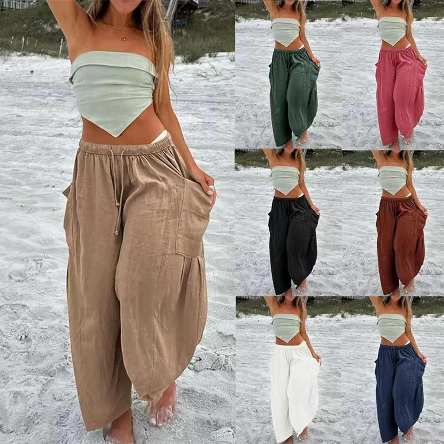 Womens Linen Wide Leg Pants Casual Loose Drawstring Low Waist Beach Palazzo Harem Pants with Pockets