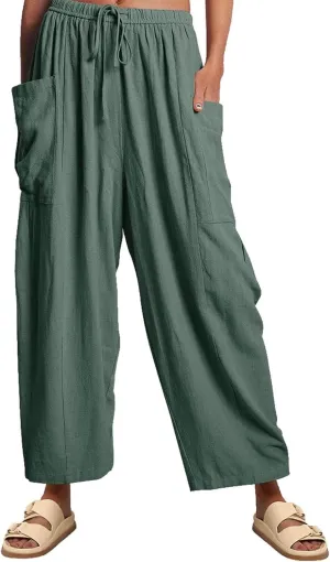 Womens Linen Wide Leg Pants Casual Loose Drawstring Low Waist Beach Palazzo Harem Pants with Pockets