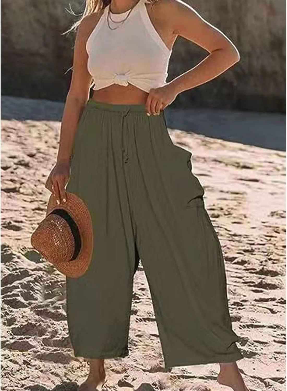 Womens Linen Wide Leg Pants Casual Loose Drawstring Low Waist Beach Palazzo Harem Pants with Pockets