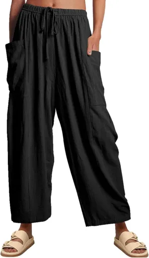 Womens Linen Wide Leg Pants Casual Loose Drawstring Low Waist Beach Palazzo Harem Pants with Pockets