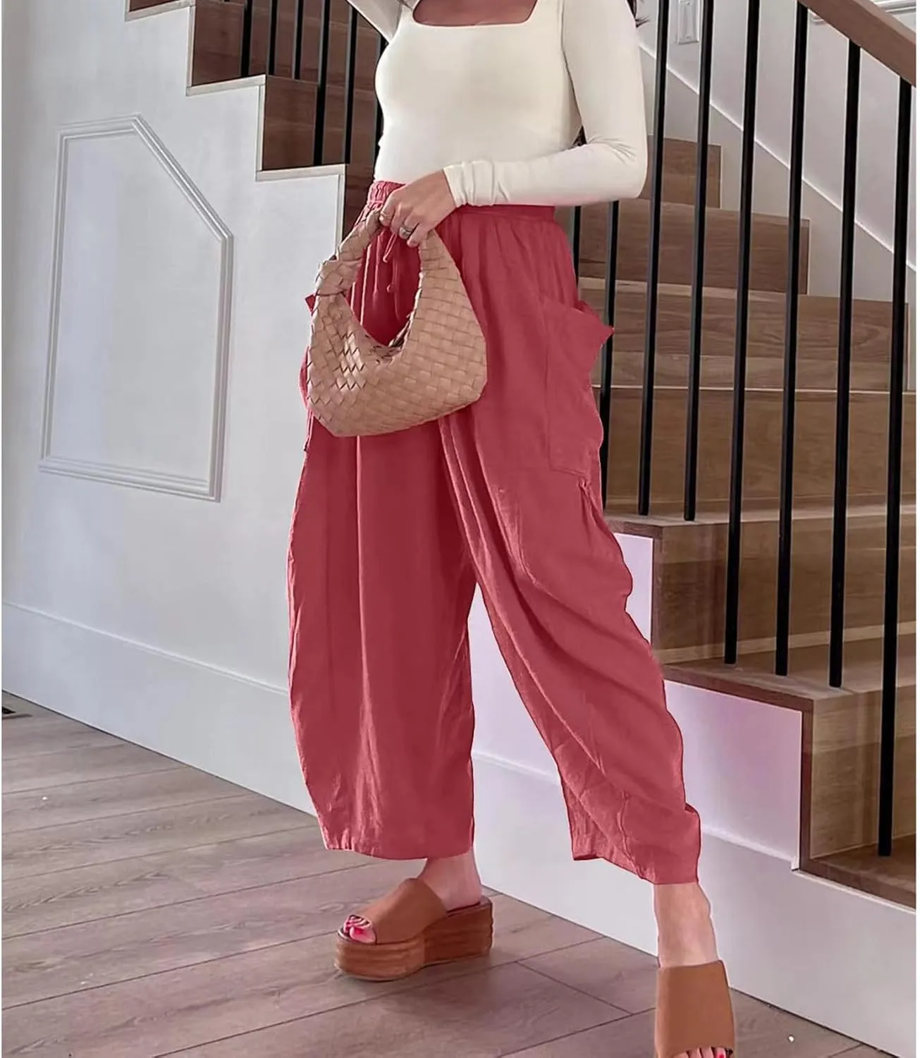 Womens Linen Wide Leg Pants Casual Loose Drawstring Low Waist Beach Palazzo Harem Pants with Pockets