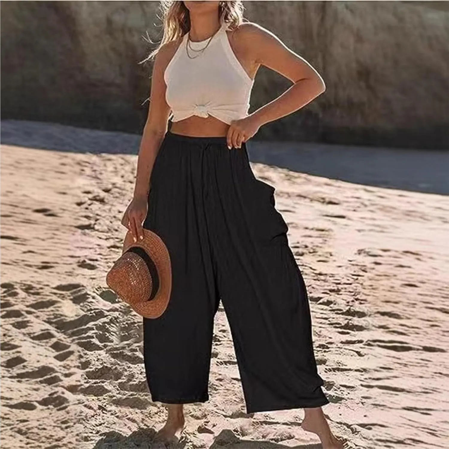 Womens Linen Wide Leg Pants Casual Loose Drawstring Low Waist Beach Palazzo Harem Pants with Pockets