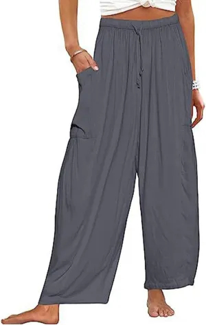 Womens Linen Wide Leg Pants Casual Loose Drawstring Low Waist Beach Palazzo Harem Pants with Pockets