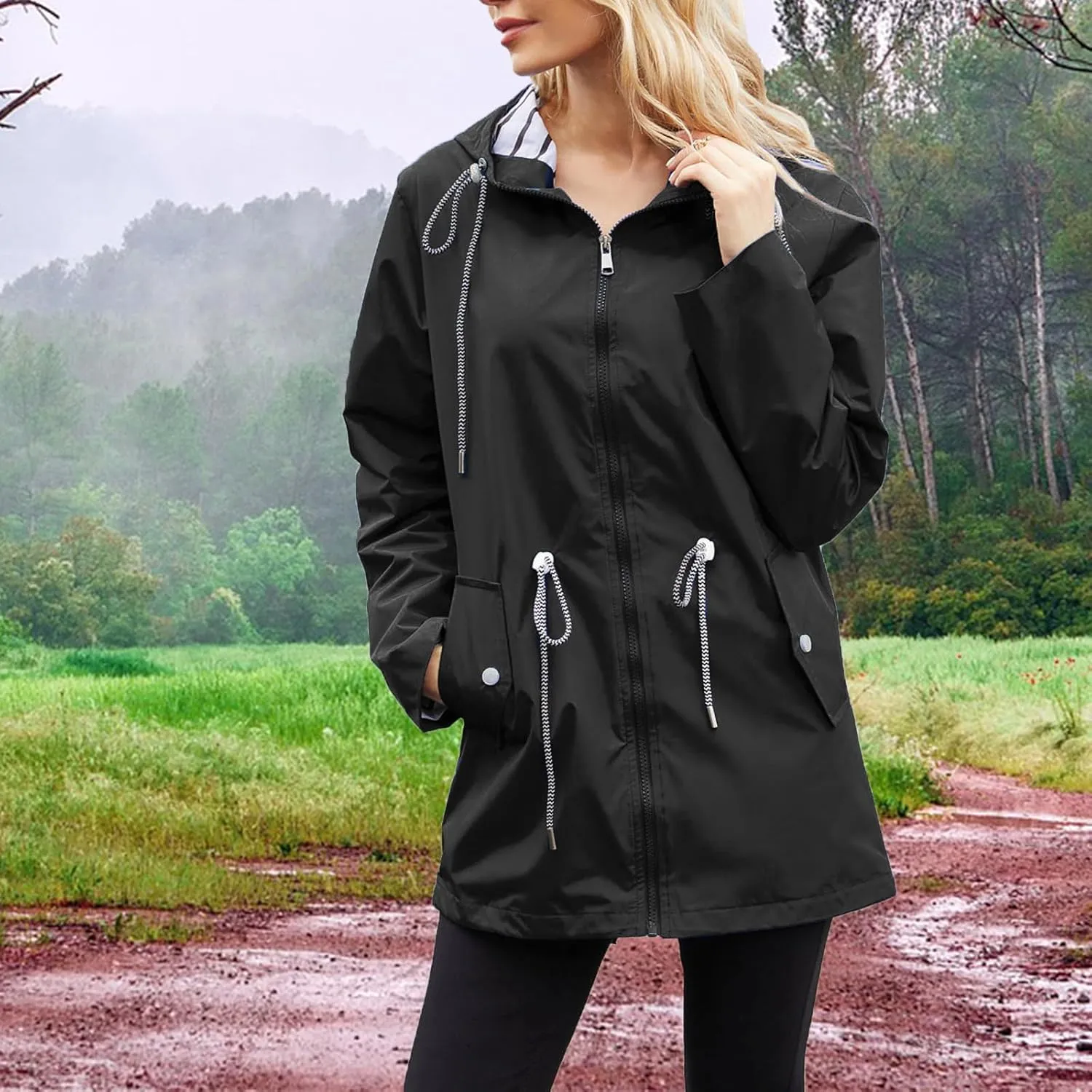 Womens Rain Coat Waterproof Active Outdoor Rain Jacket Lightweight Zip Up Summer Fall Raincoat Windbreaker With Hood
