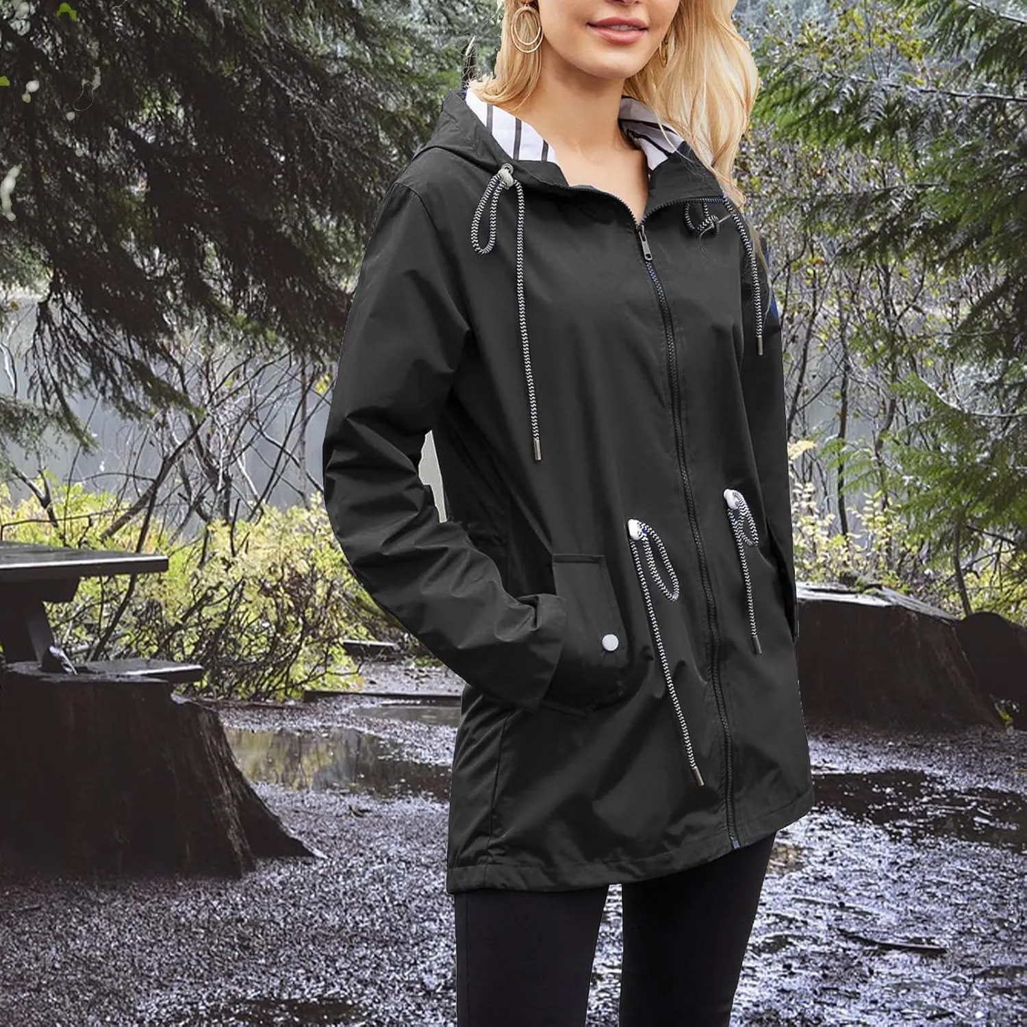 Womens Rain Coat Waterproof Active Outdoor Rain Jacket Lightweight Zip Up Summer Fall Raincoat Windbreaker With Hood