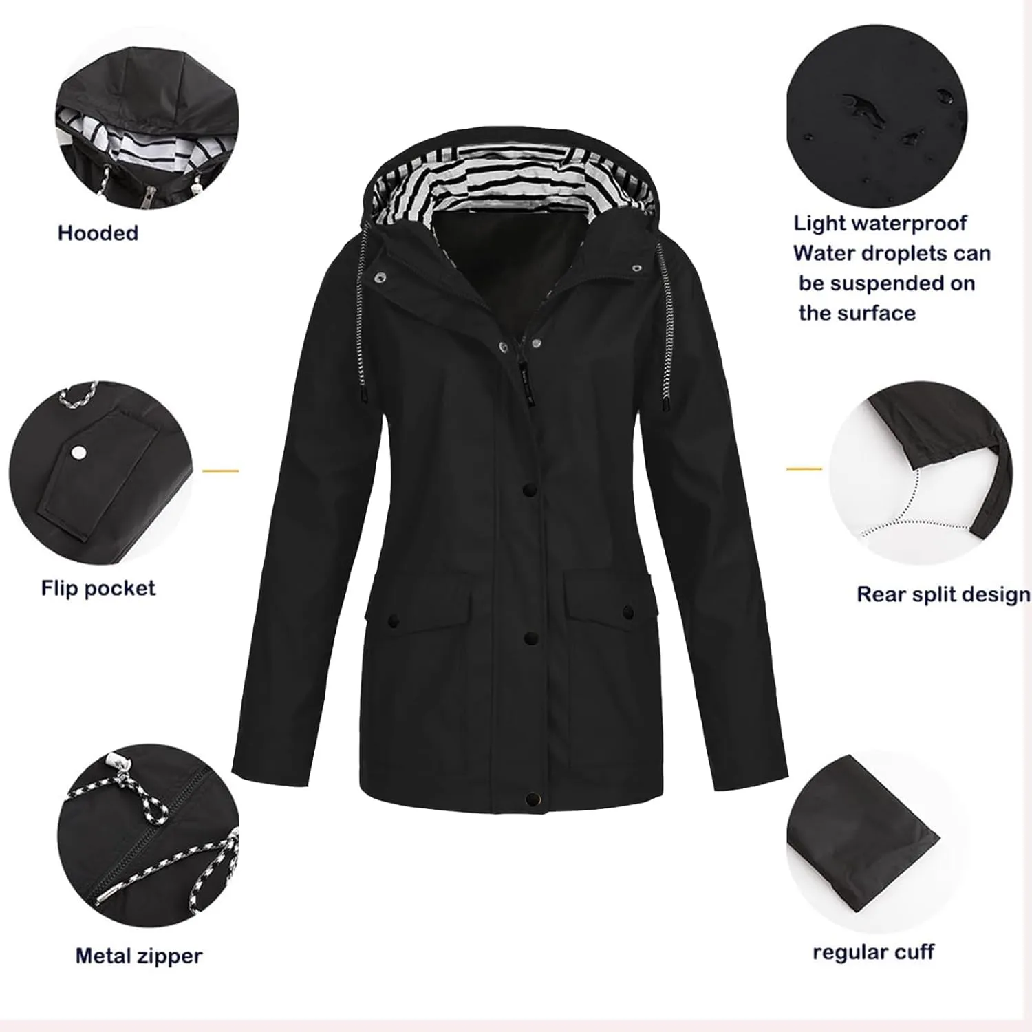 Womens Rain Coat Waterproof Active Outdoor Rain Jacket Lightweight Zip Up Summer Fall Raincoat Windbreaker With Hood