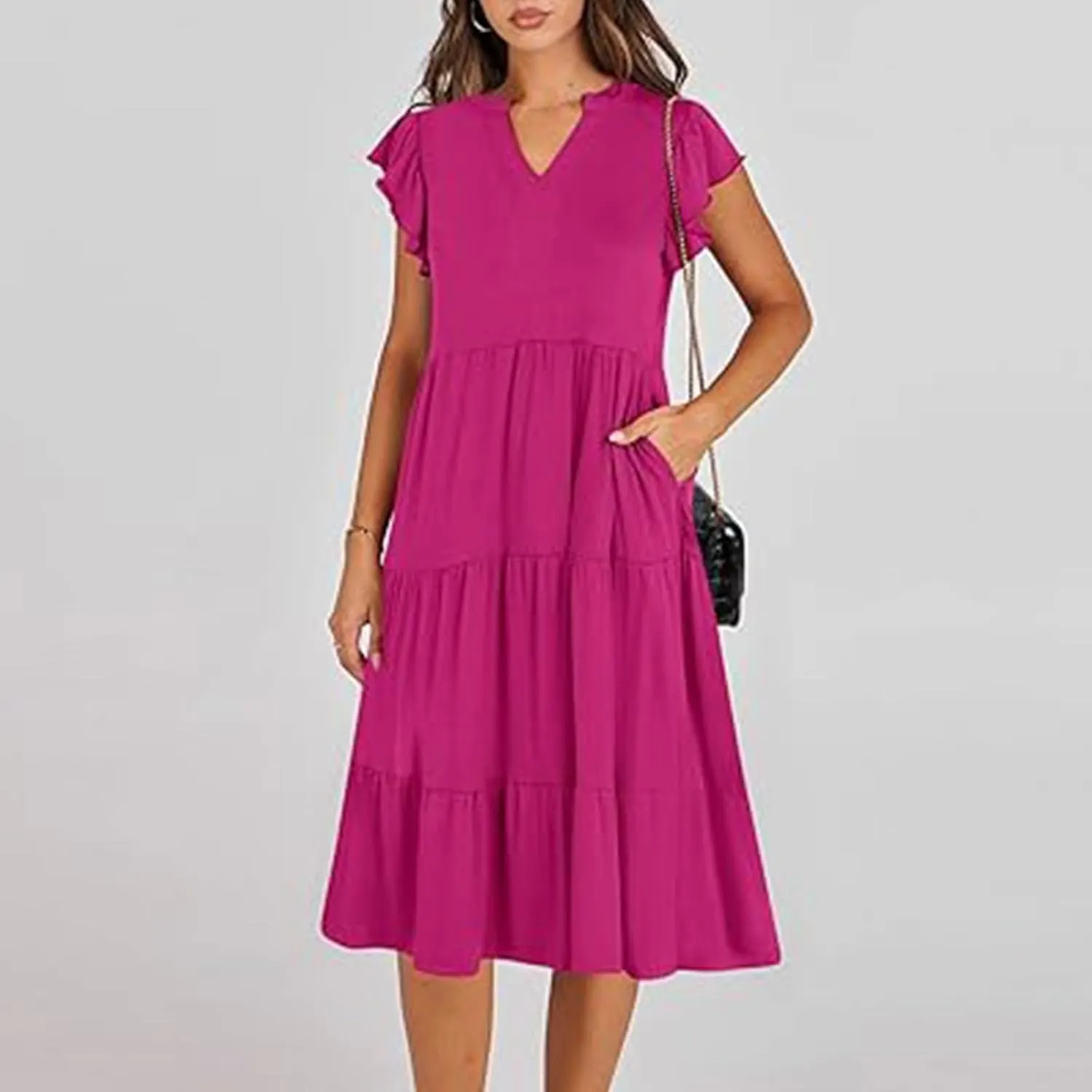 Women's Ruffle Short Sleeve Trendy Sun Dress Simple Solid Color Beach Dress Loose Casual Summer Dresses with Pockets