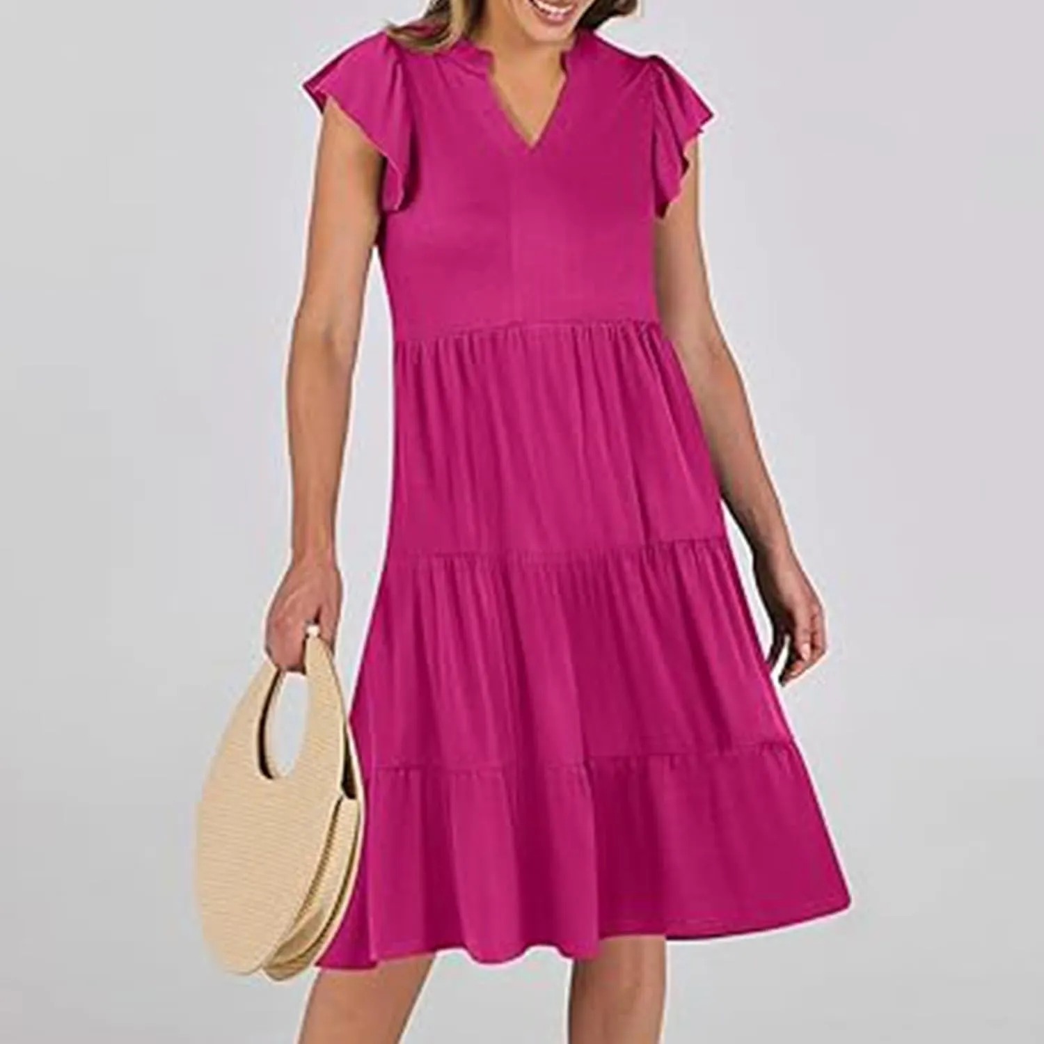Women's Ruffle Short Sleeve Trendy Sun Dress Simple Solid Color Beach Dress Loose Casual Summer Dresses with Pockets