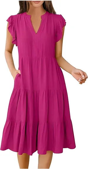 Women's Ruffle Short Sleeve Trendy Sun Dress Simple Solid Color Beach Dress Loose Casual Summer Dresses with Pockets
