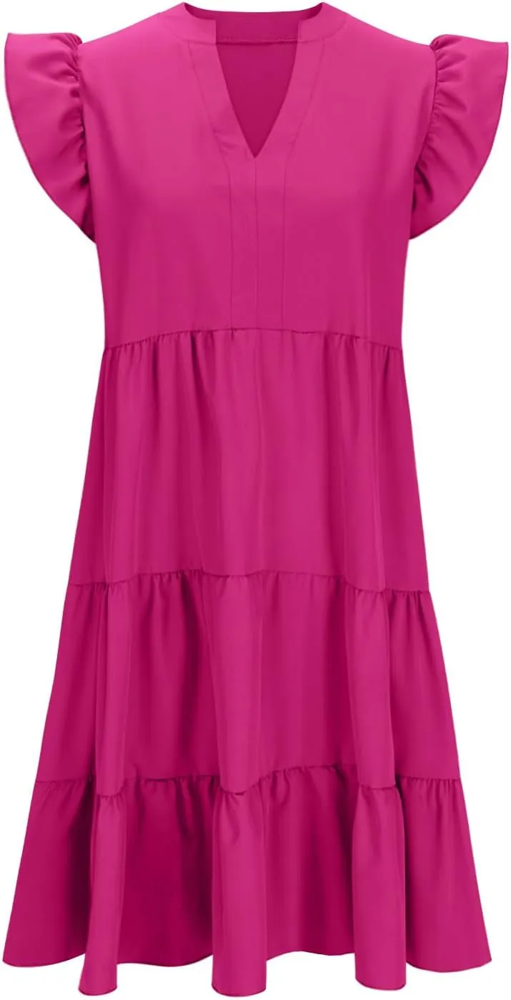 Women's Ruffle Short Sleeve Trendy Sun Dress Simple Solid Color Beach Dress Loose Casual Summer Dresses with Pockets