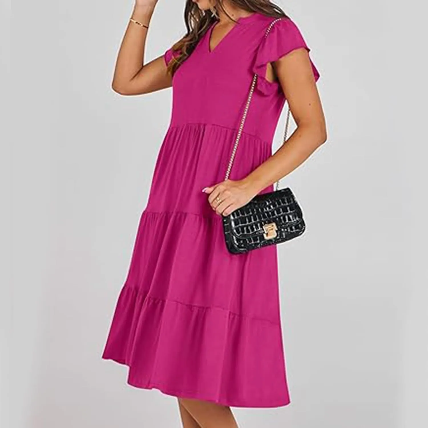 Women's Ruffle Short Sleeve Trendy Sun Dress Simple Solid Color Beach Dress Loose Casual Summer Dresses with Pockets